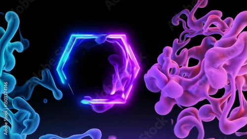 Abstract Neon Hexagon with Flowing Liquid Smoke - Futuristic 3D Animation Background Loop