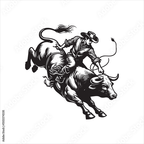 Bull Rodeo Showdown – Cowboy Riding a Bucking Bull in Action