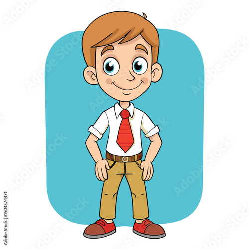 Smiling boy with auburn hair is wearing a white shirt and red tie