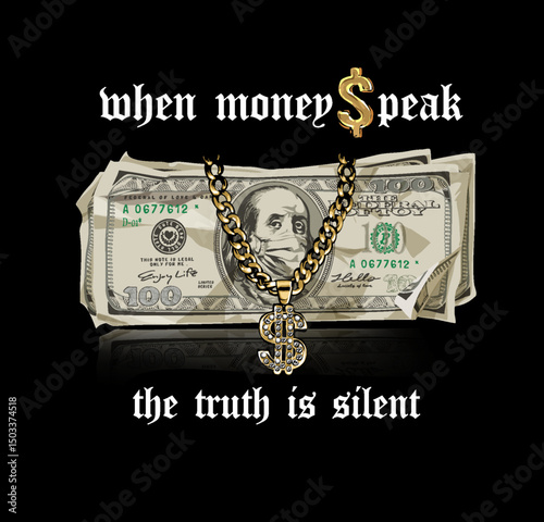 graphic banknote and gold chain dollar necklace vector illustration created by hand drawn