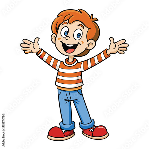 Smiling cartoon boy with red hair cheerfully spreads his arms wide open in greeting