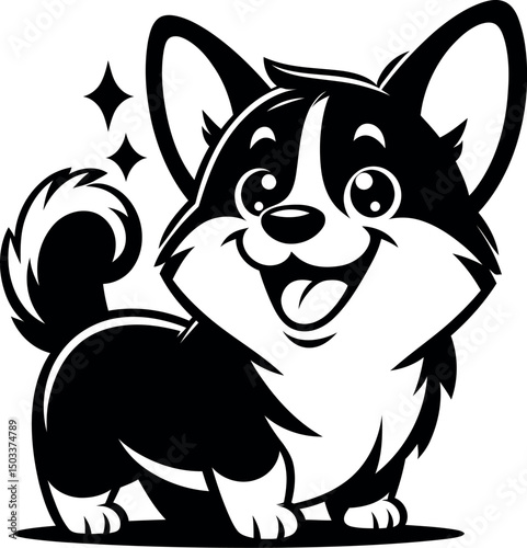 Happy Cartoon Corgi Dog in Black and White