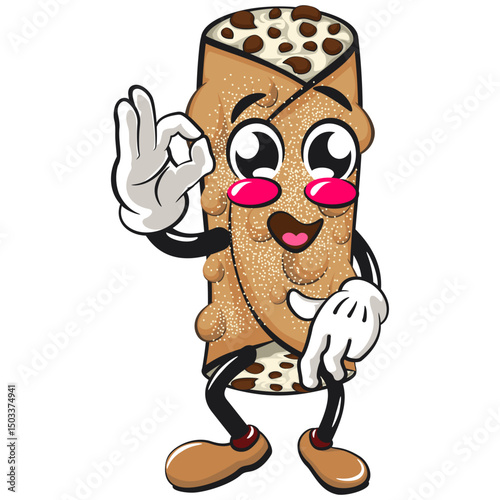 cute cannoli vektor illustration mascot character dancing while giving the okay sign, work of hand drawn
