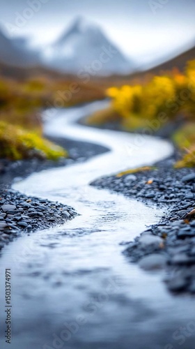 Shallow Mountain Stream Winding Through Autumnal Landscape