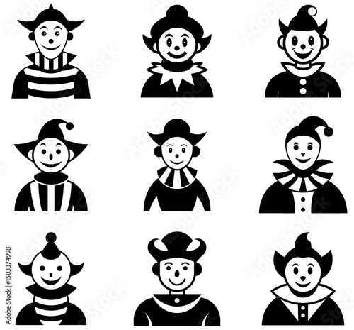 Black and White Jester and Clown Icon Set - Vector Silhouettes