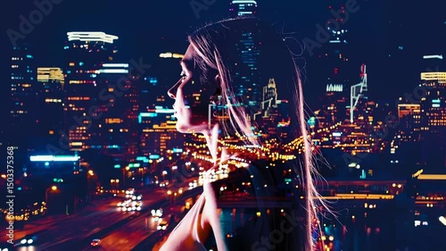 Double Exposure Woman Silhouette Merging with Glowing Night City Lights - AI Technology and Urban Connection Concept