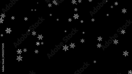 Snowflakes gently falling on a black background with alpha channel. Snowflakes falling slowly from the sky. Winter season snow weather template for video editing, motion design.