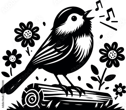 Fotografi Singing chirping Chickadee on a Log with Flowers