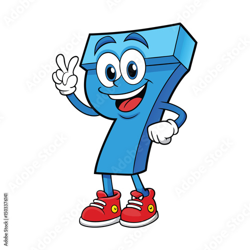 Smiling cartoon number seven character is gesturing peace with red sneakers and gloves