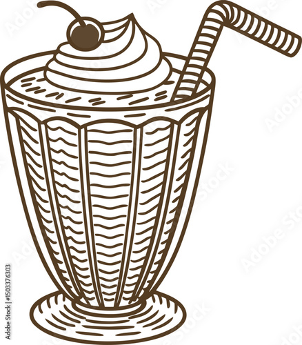 Illustration of a classic milkshake glass with straw and cherry garnish