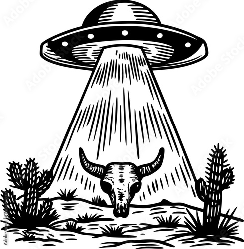 ufo beaming cow skull in desert landscape retro sci fi illustration with cacti, extraterrestrial theme