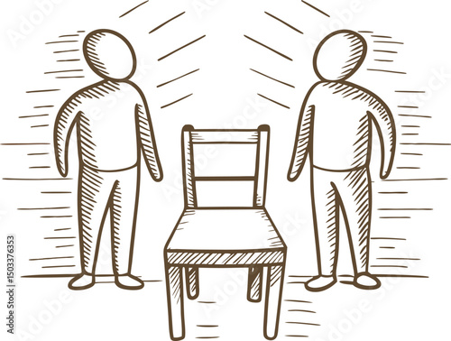 Men standing around chair, minimalist illustration depicting social interaction and communication