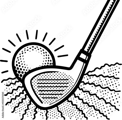 golf club in sand trap with sun in background black and white illustration, sports, leisure concept