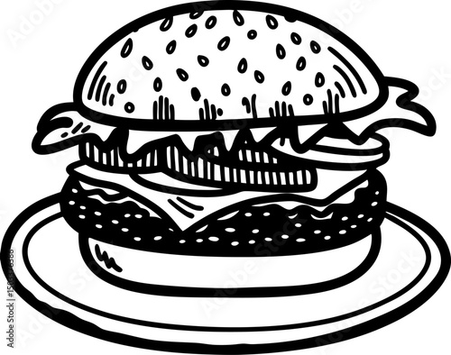 Black and white burger illustration on plate, classic cheeseburger design for fast food lovers
