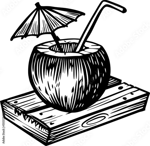 vintage coconut drink illustration coconut with straw and umbrella on wooden platform, black and white art