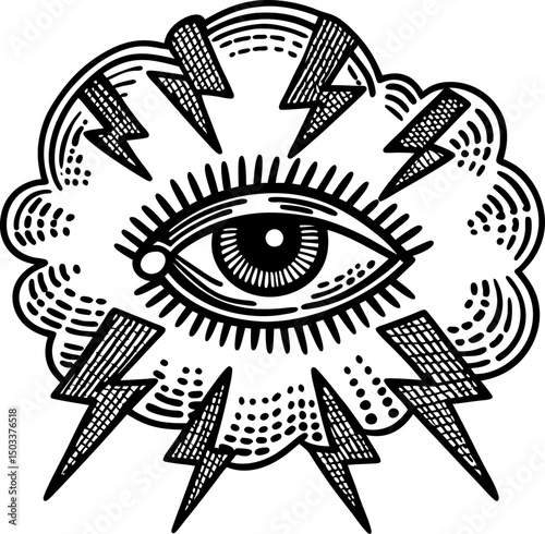 eye of providence with lightning bolts in abstract cloud mystical symbol in monochrome design