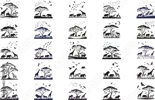 Silhouette of animals and birds in the savannah on white background