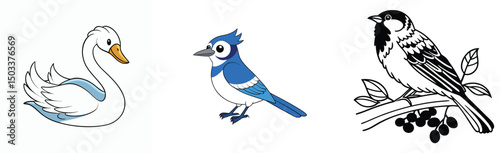 Cartoon bird collection featuring a swan blue jay and a sparrow vector art photo
