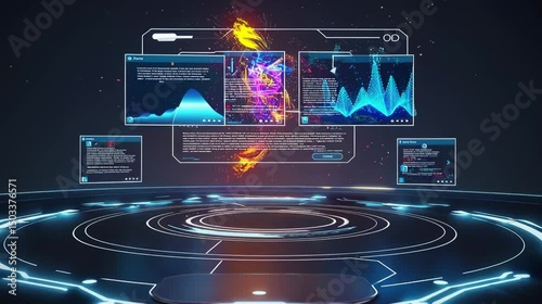 Futuristic AI Interface Hologram with Digital Dashboard and Data Visualization 3D Animation