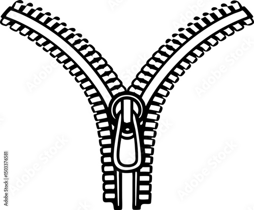 illustration of a zipper unzipping, close up view black and white design of textile fastener mechanism