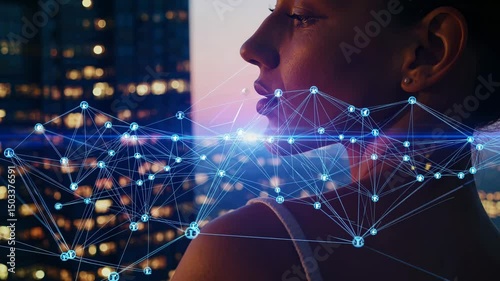 Digital transformation concept with woman silhouette and smart city skyline at sunset showing AI network connections and futuristic technology