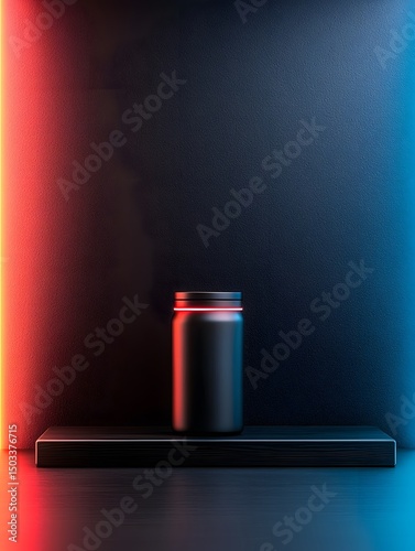 Black Cylindrical Bottle on Dark Platform with Neon Red and Blue Lighting