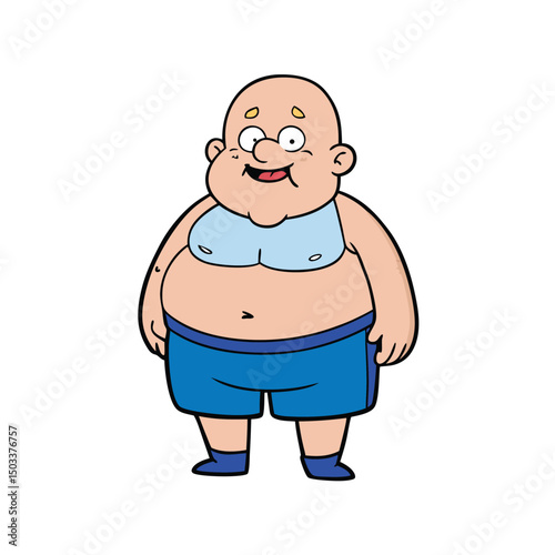 Smiling overweight bald man stands confidently with a slight grin, wearing light blue shirt