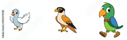 Cartoon birds collection pigeon falcon parrot illustration diverse avian species fun animal clipart playful bird characters