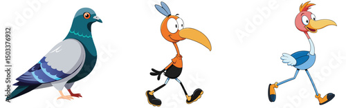 Cartoon birds collection featuring pigeon road runner and ostrich comic style illustration set of animated characters