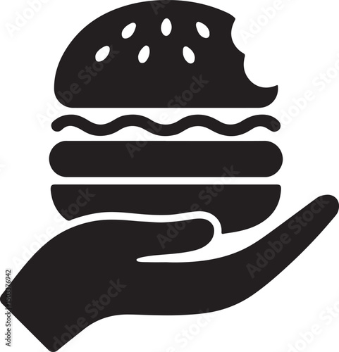 Silhouette vector of a hand holding a burger, perfect for food delivery, fast food branding, snack bar logos, and restaurant marketing visuals.