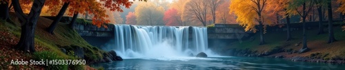Misty autumn waterfall cascading over bridge, ethereal scene, weather, photography