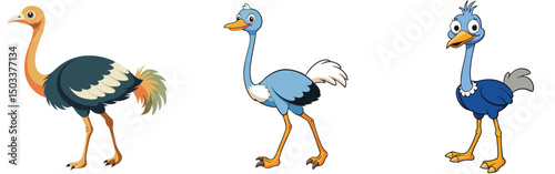 Cartoon ostrich set cute animal birds standing isolated on white background vector illustration