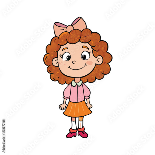 Smiling redhead cartoon girl standing with a bow is ready for play