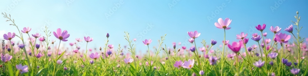Obraz premium Delicate wildflowers in shades of purple and pink blanket a tranquil meadow against a clear blue sky , blossom, tranquil, background