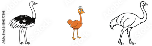 Ostrich cartoon characters and white outlines and one colored isolated on white background