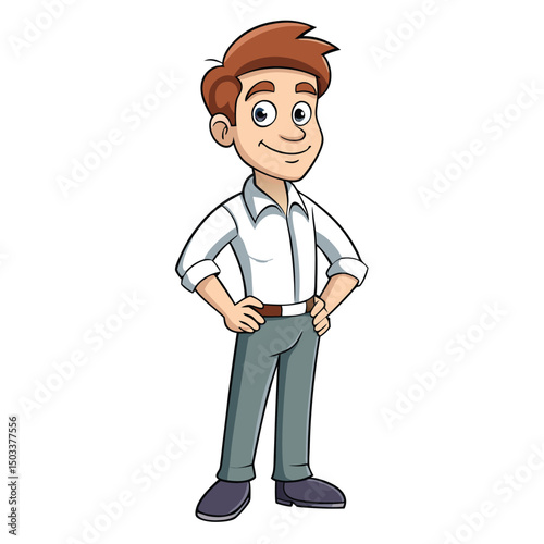 Smiling young cartoon character stands with hands on hips, wearing a casual shirt