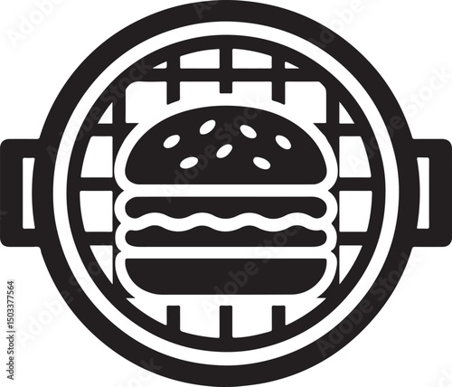 Silhouette vector of a round BBQ grill with burger, perfect for cookout designs, grilling icons, summer food themes, and restaurant branding.
