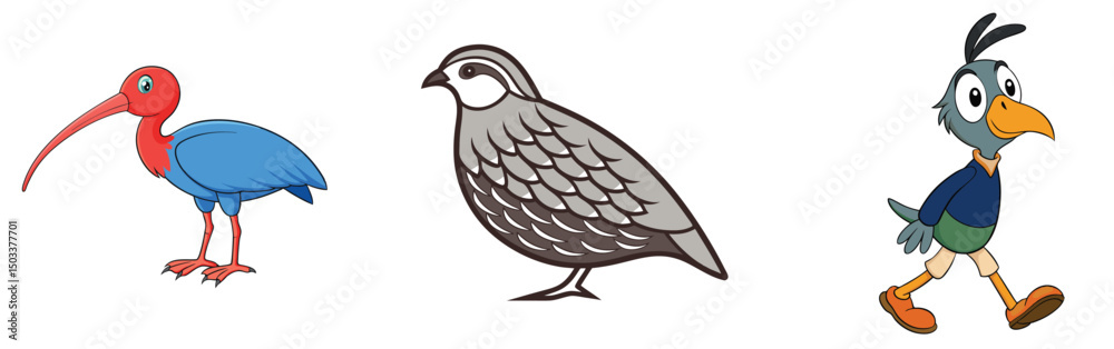 Fototapeta premium Three cartoon birds in different styles isolated on white background vector illustration