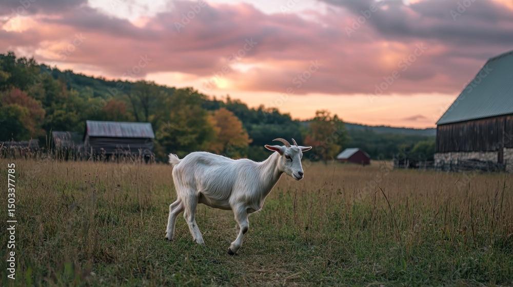White goat in a golden sunset field White goat in a golden sunset field