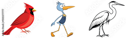 Three diverse bird characters cartoon cardinal walking blue bird heron outline on white