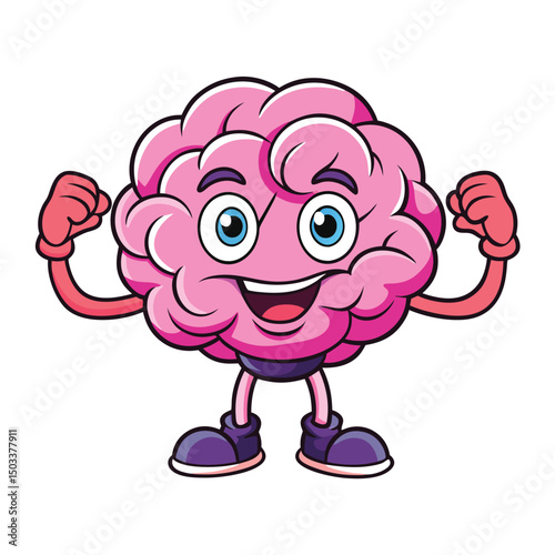 Strong pink brain cartoon character joyfully flexes its muscles with a toothy smile