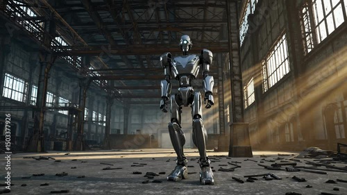 Futuristic humanoid robot standing in abandoned industrial factory warehouse with dramatic sunlight