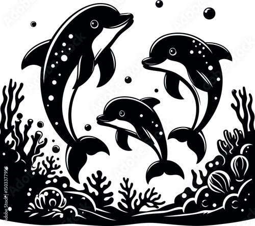 Three playful dolphins swimming in the ocean with coral reefs.