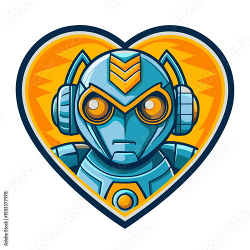 Serious robot character within a heart-shaped design for sticker illustration