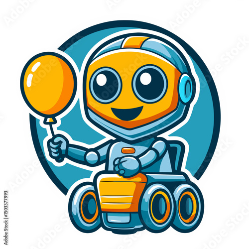 Cheerful robot character holding a balloon in a playful design for sticker illustration