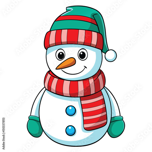 The cute snowman with a striped hat and scarf is smiling happily