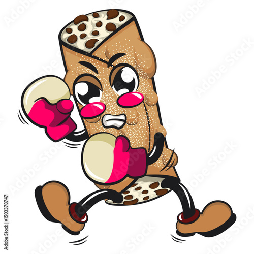 cute cannoli vektor illustration mascot character practicing boxing wearing boxing glove, work of hand drawn