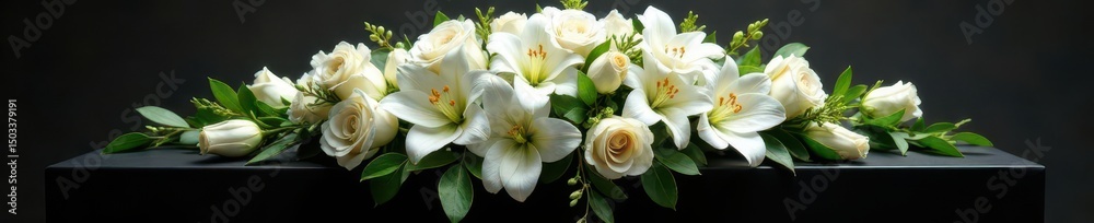 Fototapeta premium Delicate white roses and lilies cascade over a black casket , funeral flowers, sadness, loss