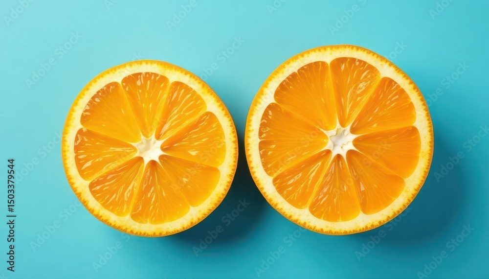 Fototapeta premium Two juicy orange halves, segmented, vibrant, on a serene blue backdrop , bright, wellness, image