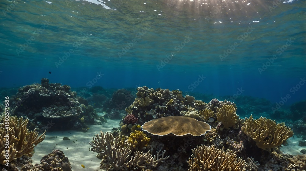 Obraz premium Underwater view of coral reef with sunlight penetrating the water surface.